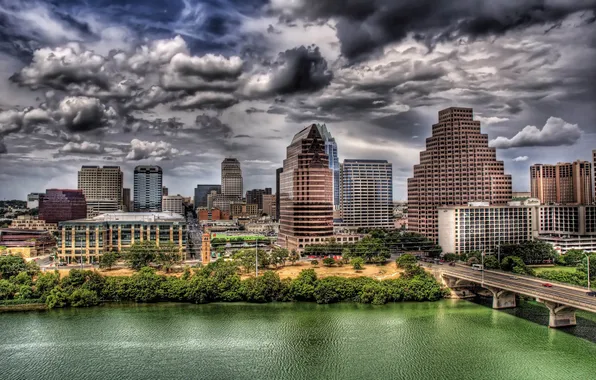 The sky, Bridge, The city, River, USA, Austin, Texas