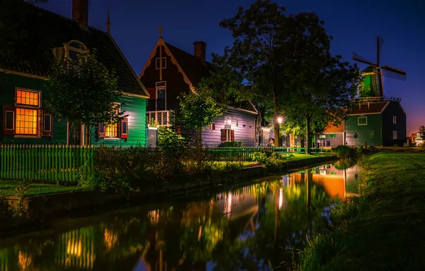 Night, lights, home, mill, Holland