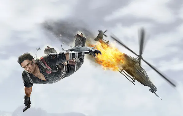 Picture the explosion, fire, jump, drop, helicopter, male, cross, Just Cause 2