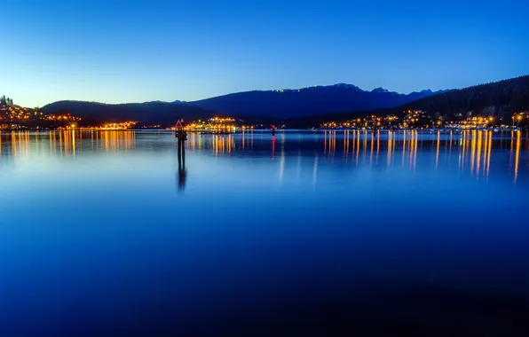 Mountains, night, lake, reflection, twilight, British Columbia, Port Moody
