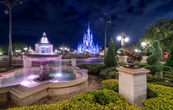 Lights, Night, Fountain, Park, Disneyland