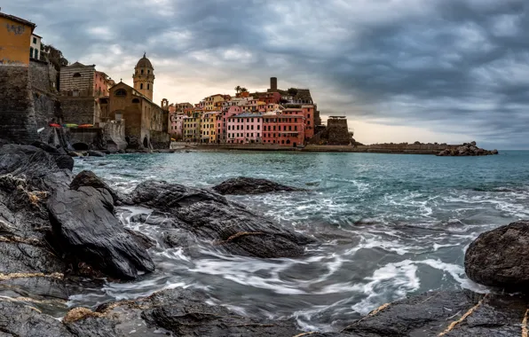Sea, wave, the sky, clouds, the city, stones, overcast, shore