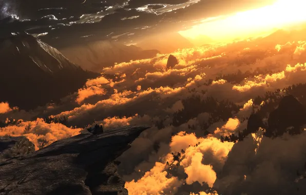 Clouds, light, mountains, digital, Heliocentric