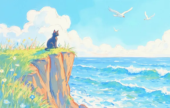 Sea, wave, cat, summer, the sky, grass, cat, clouds