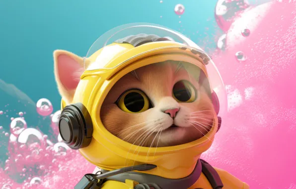 Cat, cat, look, glass, yellow, pose, bubbles, kitty