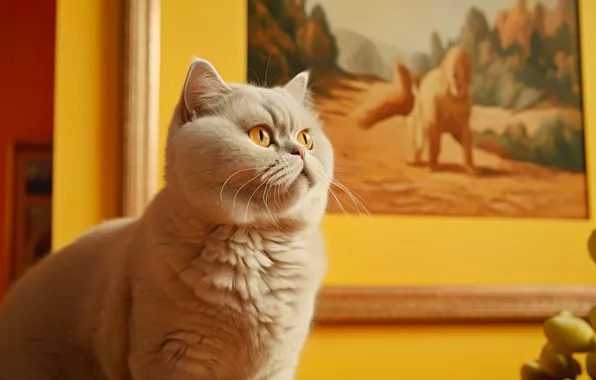 Cat, cat, look, pose, grey, wall, picture, face