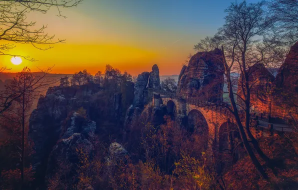 Mountains, bridge, rocks, Elbe Sandstone mountains