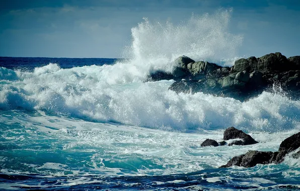 Picture wave, the sky, clouds, landscape, the ocean, rocks, horizon, waves