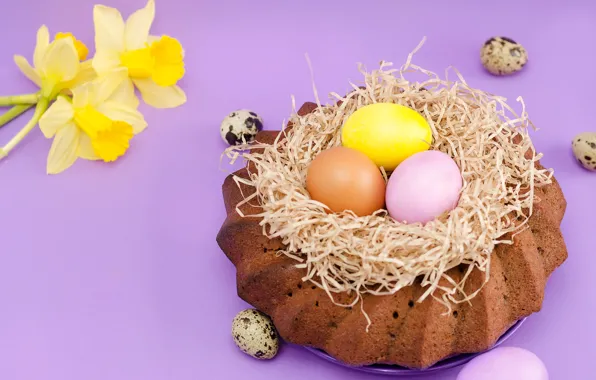 Flowers, holiday, eggs, spring, Easter, cake, daffodils