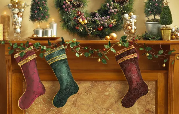 Decoration, holiday, balls, Christmas, candles, socks, fireplace