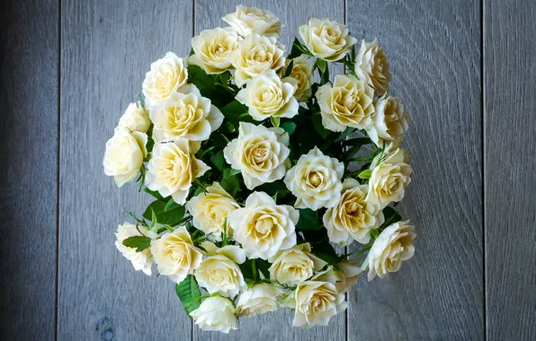 Picture roses, bouquet, vase, wood, the view from the top