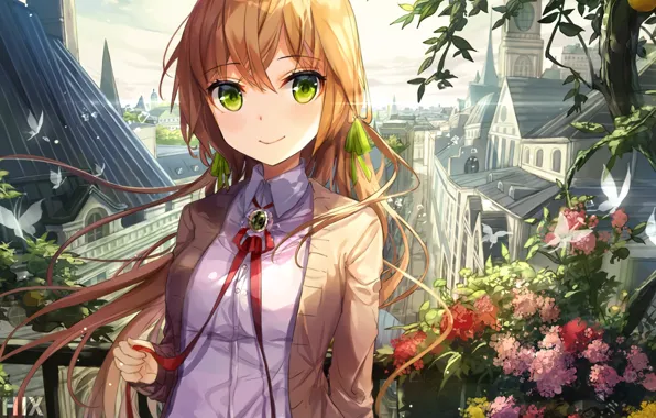 Picture butterfly, flowers, the city, plants, red, schoolgirl, long hair, spires