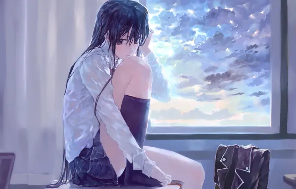 The sky, girl, clouds, anime, art, form, schoolgirl, Parta