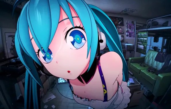 Girl, headphones, Vocaloid, long hair, Vocaloid, Miku Hatsune