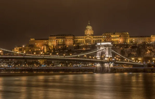 Night, bridge, river, Parliament, Hungary, Budapest