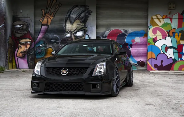 Black, Cadillac, before, grafiti, black, CTS-V, Cadillac