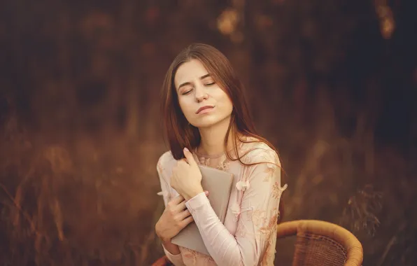 Autumn, girl, nature, portrait, book, reading, closed eyes, favorite novel