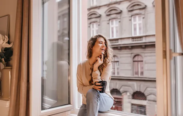 Picture girl, joy, smile, mood, window