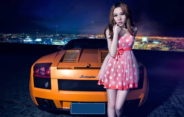 Auto, look, Girls, Lamborghini, Asian, beautiful girl, leaning on the car