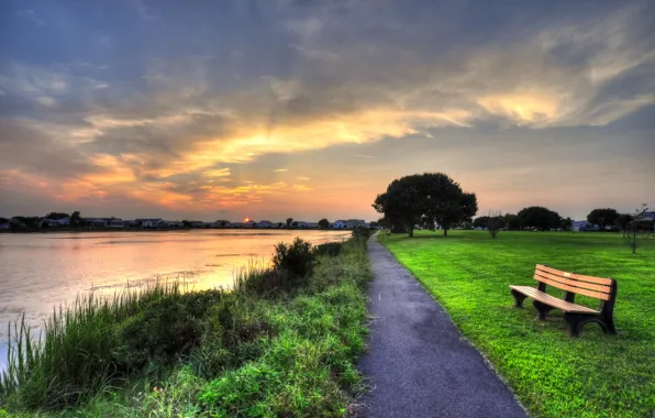 Sunset, lake, Park, lawn, track, shop
