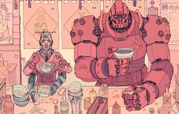 Girl, Figure, Robot, Coffee, Fantasy, Art, Food, Robot