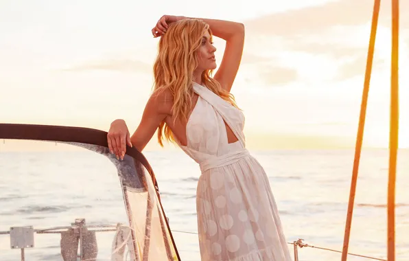 Picture sea, the sky, look, girl, pose, blonde, boat, beauty