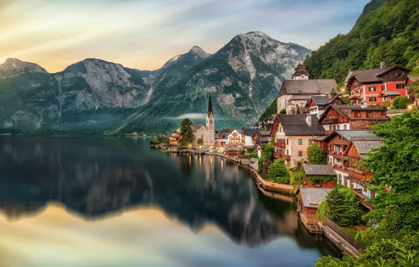 Picture mountains, lake, home, Austria, Hallstatt