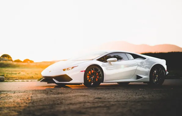 Lamborghini, Sunset, White, Evening, VAG, Huracan