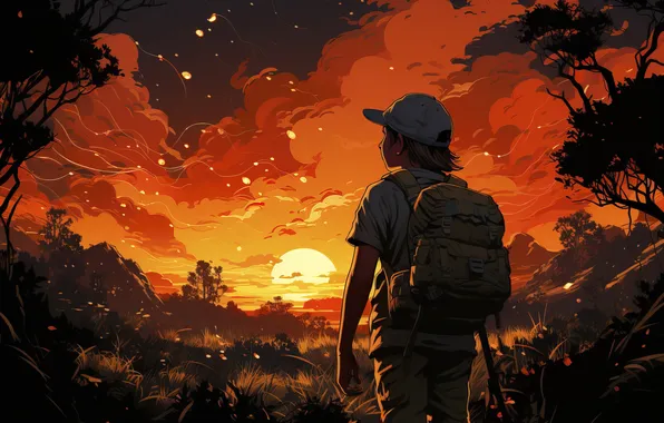 Sunset, Boy, Grass, Trees, Digital art, Tourist, AI art, The Art of Artificial Intelligence