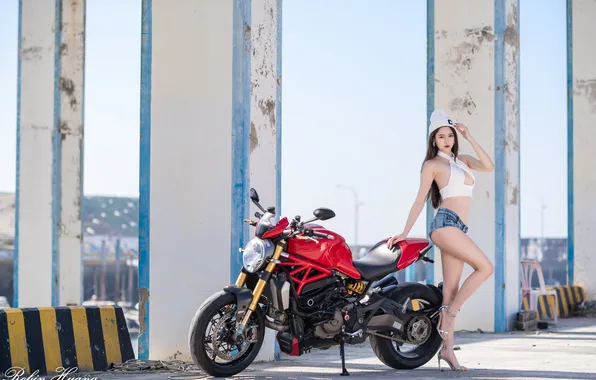 Long hair, legs, model, women, brunette, pierced navel, women with motorcycles, Robin Huang