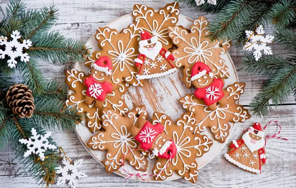 Picture winter, stars, snowflakes, branches, food, spruce, men, cookies