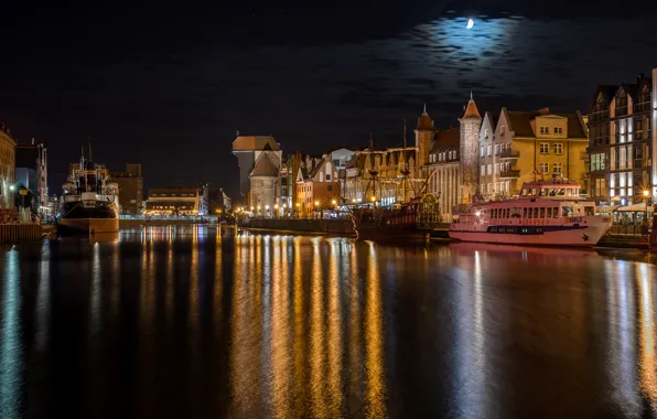 Picture night, lights, river, the moon, ship, home, pier, Poland