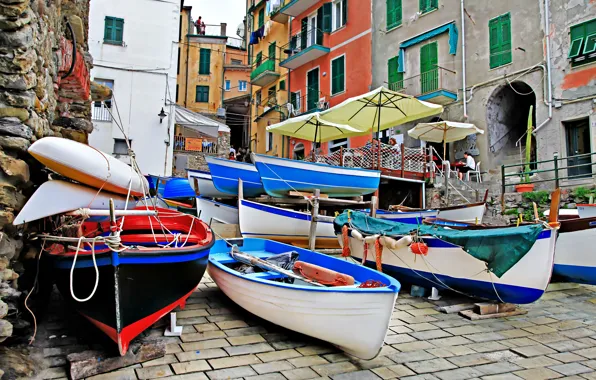 Street, coast, Villa, boats, Italy, houses, Riomaggiore, travel