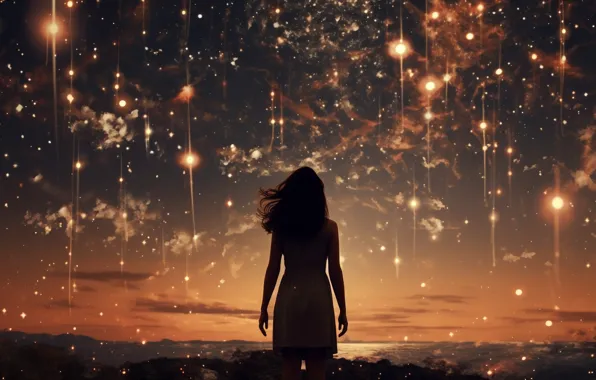 Girl, space, night, lights, salute, fireworks, the night sky, digital art