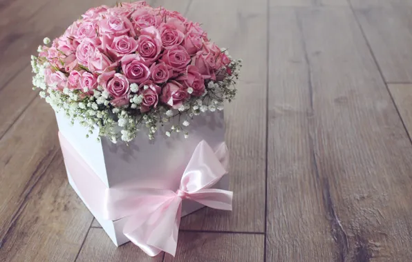 Flowers, box, gift, roses, bouquet, tape, pink, flower
