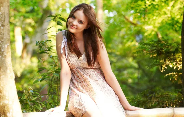 Picture look, girl, smile, tree, foliage, dress, brown hair, log