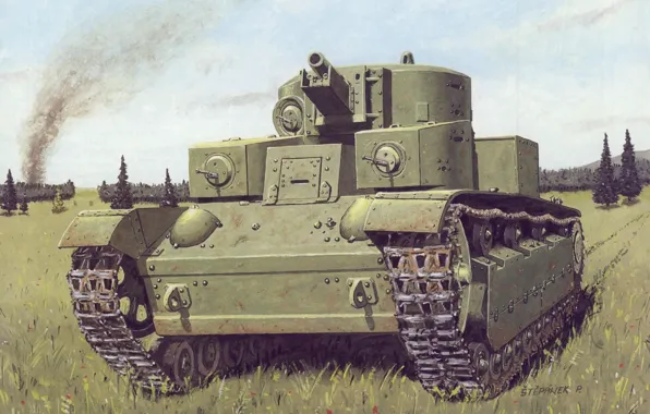 Picture field, figure, trail, art, tank, Soviet, average, T-28