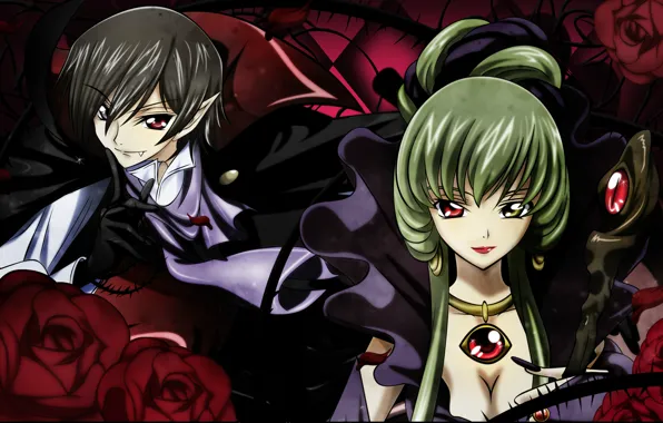 Roses, spikes, green hair, art, code geass, c.c., different eyes, takahiro himura