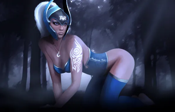 Forest, girl, pose, pattern, art, helmet, Dota 2, Luna