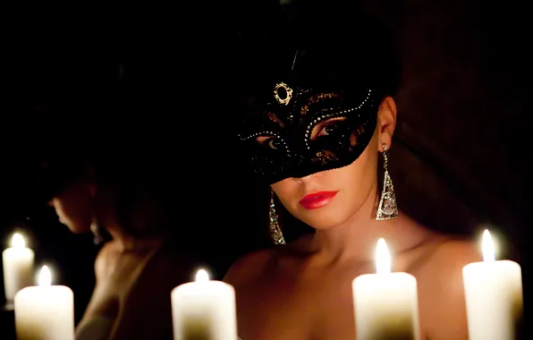 Picture look, girl, reflection, earrings, candles, mirror, mystery, mask