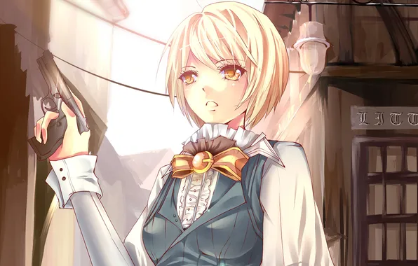 Girl, gun, street, building, blonde, bow, short hair