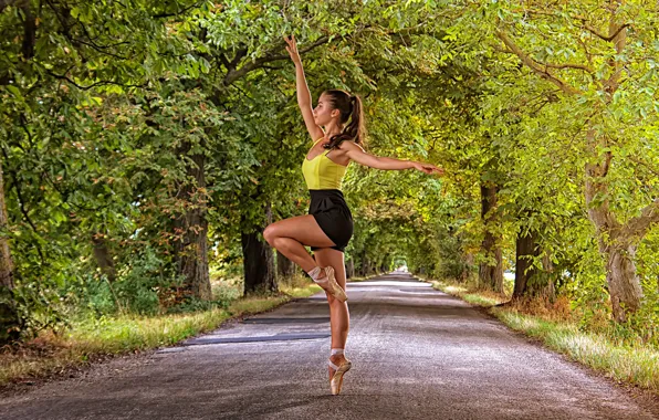 Picture road, girl, trees, pose, ballerina