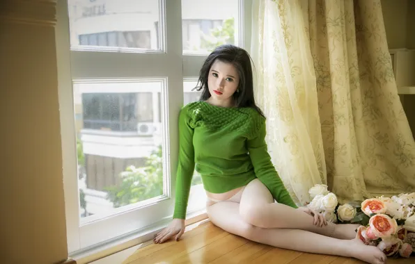 Picture green, girl, rose, sexy, blouse, panties, flower, legs