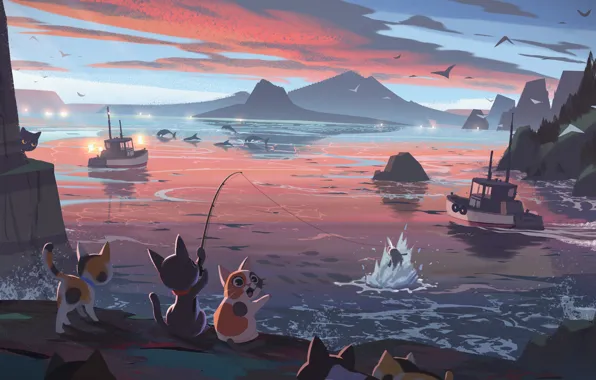 Fishing, dolphins, rod, seals, tugs, pink clouds, coast, rocky shore