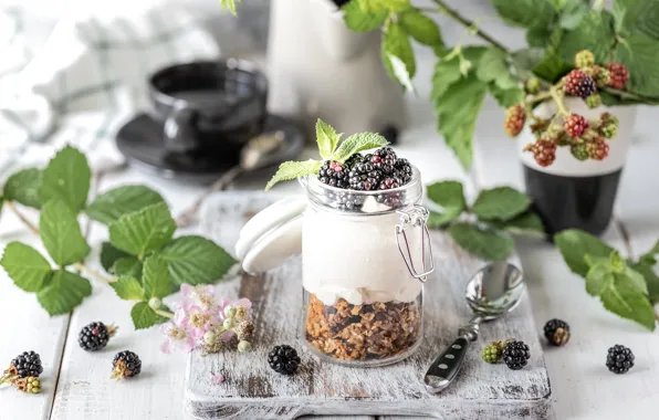 Berries, Breakfast, BlackBerry, twigs, jar, yogurt, granola, Karina Klachuk