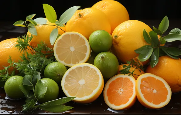 Leaves, water, drops, table, moisture, oranges, lime, fruit