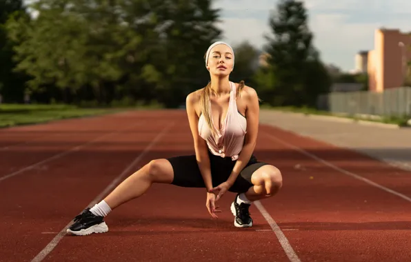 Girl, pose, sport, treadmill, Ilya Pistols, Elena Veyron