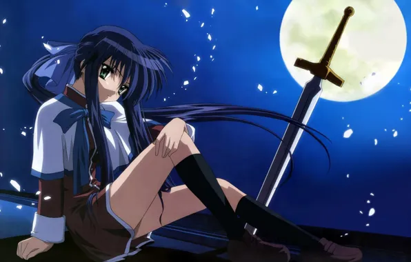Picture the moon, sword, anime, light, girl, moon, sword