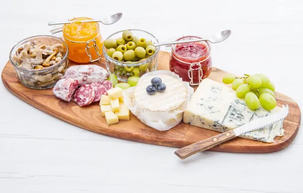 Cheese, grapes, olives, jam, cutting, jam, cutting Board, olives