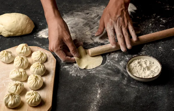 Table, hands, women's, flour, the dough, dumplings, rolling pin, housewife